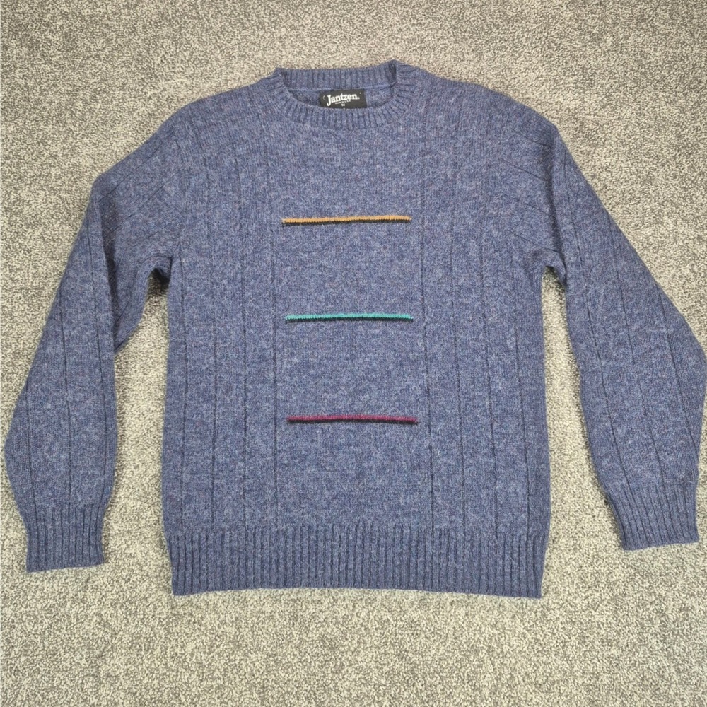 Vintage 90s Jantzen Sweater Mens Medium Blue Wool Made in USA Crewneck Pullover